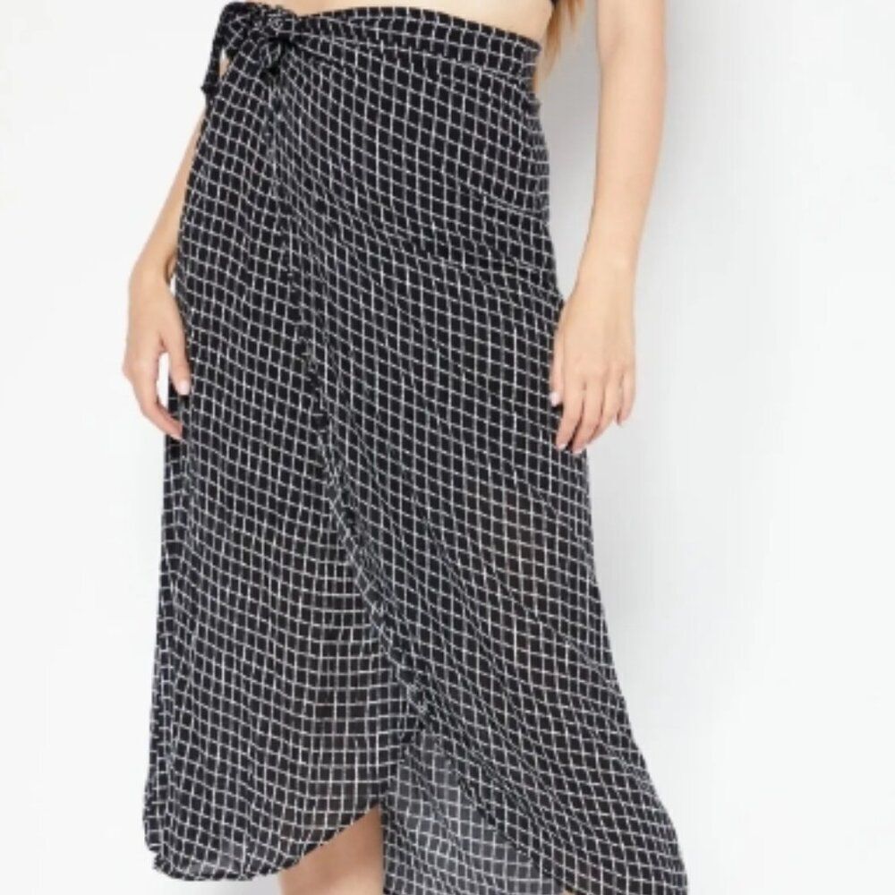 NWT DKNY Jeans Women Black Check Street Self-Tie Sarong Wrap Skirt Size M